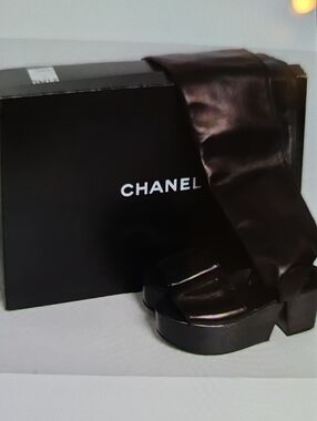 CHANEL Black Leather High Platform Boots